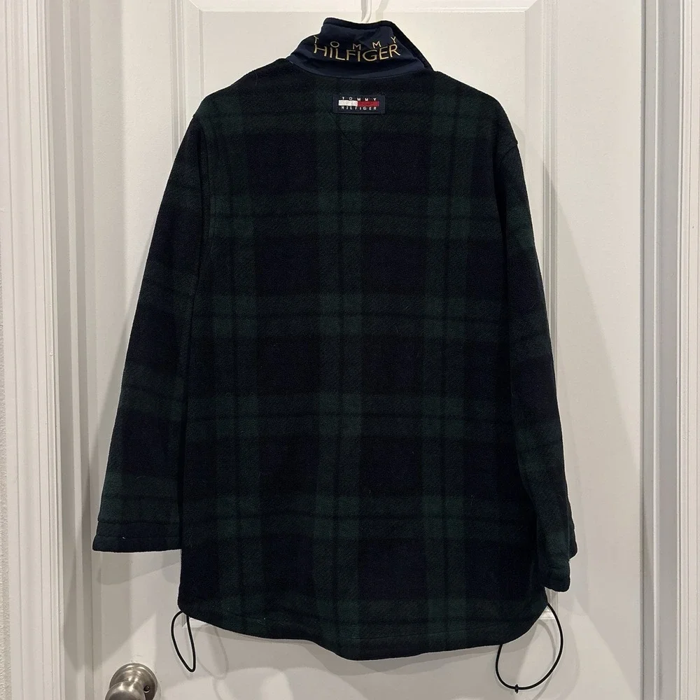 VINTAGE Tommy Hilfiger Full Zip Fleece Jacket Tartan Plaid Green Mens Medium 90s